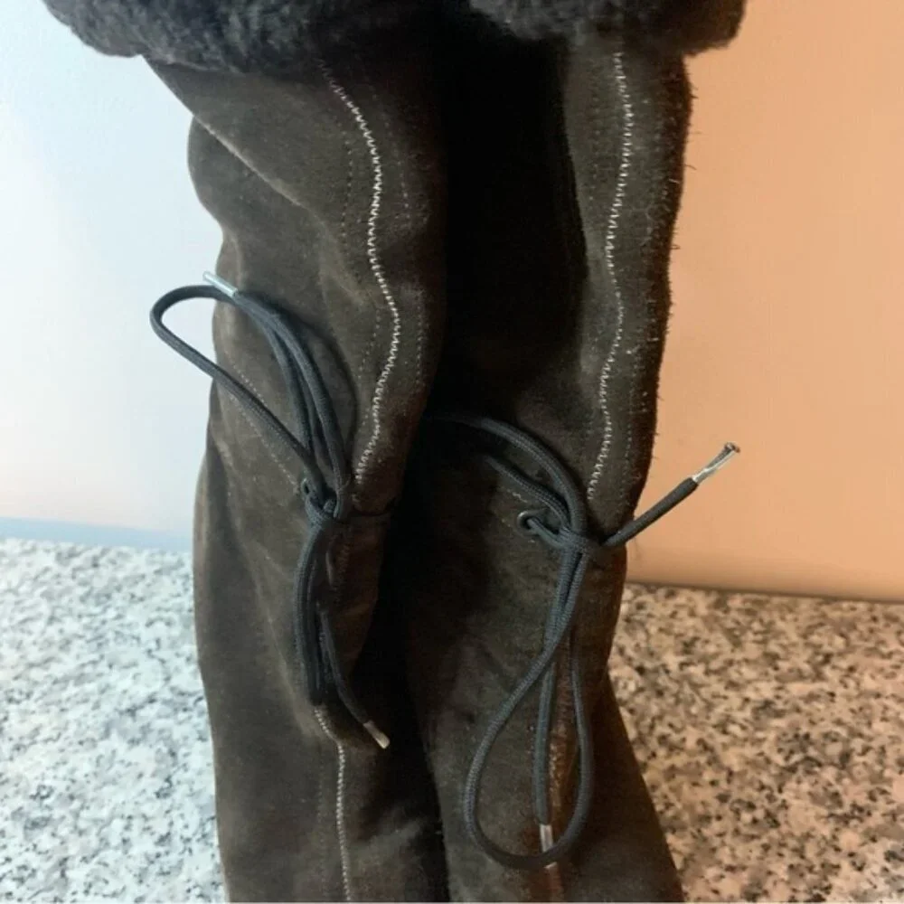 Prada Brown Suede Leather Shearling Knee High Wedge Boots 7